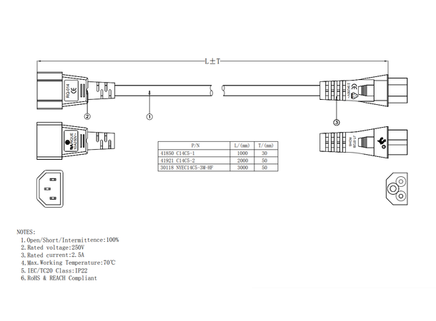 LinkIT strømkabel C14/C5 svart 2m C14 C5 | 3 x 1,0 mm² | LSZH 
